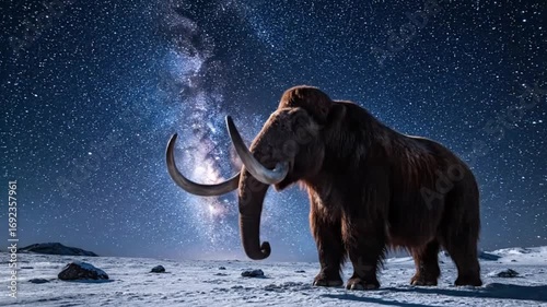 woolly mammoth under milky way starry night arctic landscape