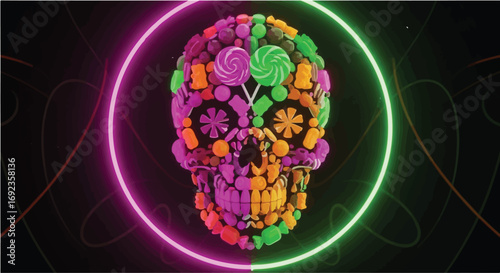 Whimsical candy skull art with vibrant neon glow, celebrating a festive and playful mood.