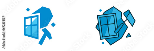 Set of two window installation and repair icons with hammer tool breaking glass, isolated on a white background for construction and home improvement concepts