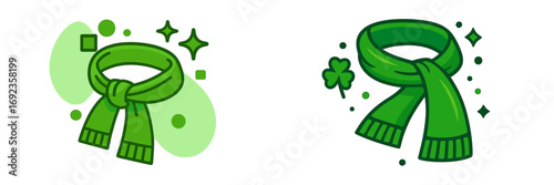 Green scarves for St Patrick's Day with shamrock and sparkles, isolated festive winter accessory for holiday celebration