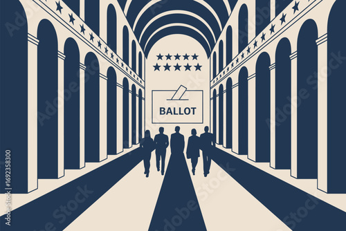 Illustration of people walking towards a ballot box in a building with arches and stars above them
