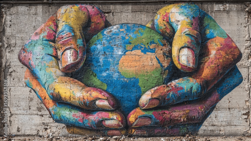 Obraz premium Vibrant multicolored hands graffiti cradling planet Earth on a textured concrete wall