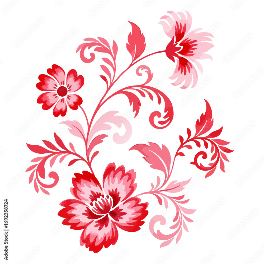 Fototapeta Red and pink floral motif Isolated on Transparent PNG Background- Watercolour Art