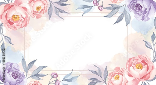 Watercolor floral frame design with peonies and pastel color wash background