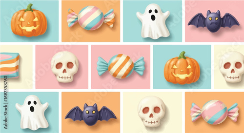 Whimsical Halloween treats and spooky characters arranged in a colorful grid