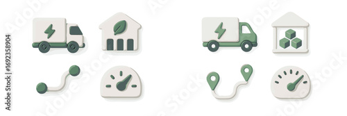 Set of modern icons representing sustainable logistics, green energy delivery, and efficient supply chain management