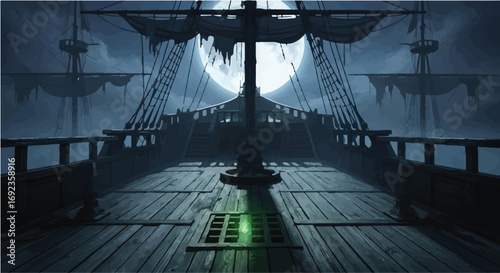 Eerie ghost ship sails through foggy moonlight on a mysterious night voyage