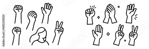 Diverse set of human hand gestures depicting various emotions and actions like protest, peace, victory, and open communication
