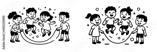 Happy children playing jump rope together in a simple black and white line art style showing friendship and fun outdoor activity
