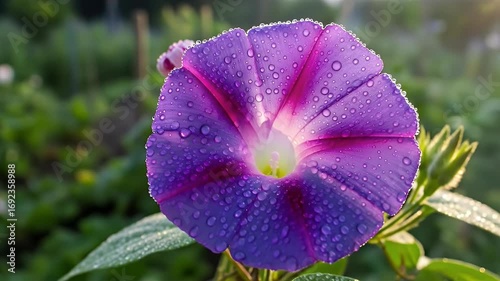 Macro shot of a stunning purple and pink morning glory flower with sparkling dew drops in a lush green garden at sunrise.