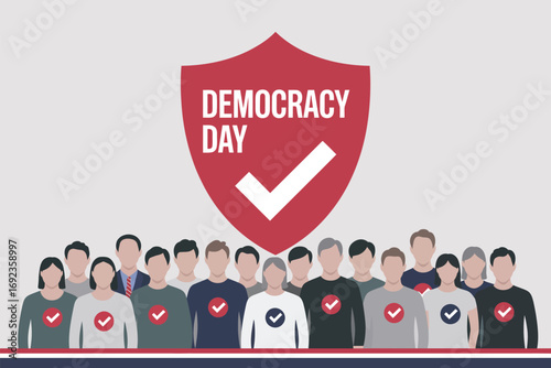 Democracy day illustration with people and a shield with a check mark for voting concept design art