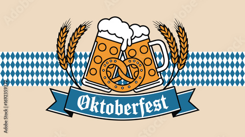 Oktoberfest illustration featuring beer mugs, pretzel, wheat, and blue and white diamond pattern background