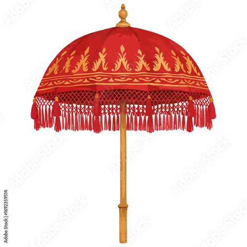 A royal red and gold umbrella with tassels Isolated on Transparent PNG Background- Watercolour Art