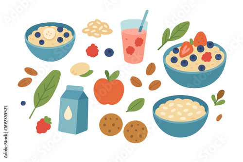 Healthy breakfast food set with oatmeal porridge, fresh berries, smoothie, apple, and nuts isolated on a white background
