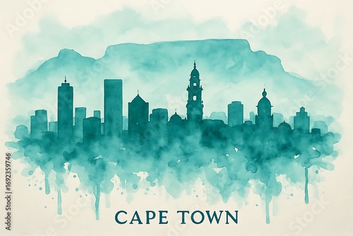 Watercolor silhouette of cape town skyline with table mountain in the background, showcasing the citys iconic landmarks and natural beauty