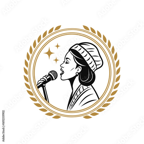 Vector illustration of female singer with microphone in laurel wreath badge, perfect for music festival, entertainment branding, and artist logo design.