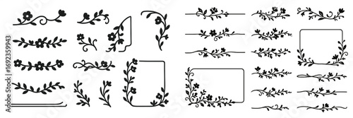 Hand drawn collection of black silhouette floral dividers, borders, and frames with decorative botanical elements