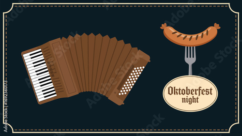 A cartoon illustration of an accordion and a sausage on a fork for oktoberfest night celebration