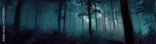 Moonlit haunted forest with glowing eyes peeking from the dark. Spooky Halloween panorama.