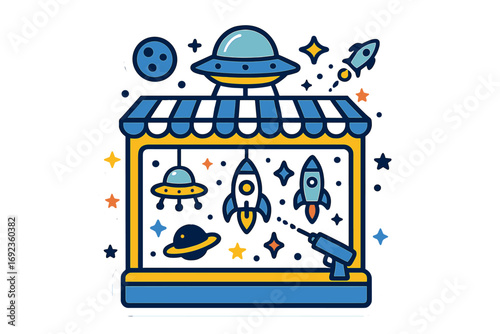 Carnival shooting gallery game with a space theme featuring rockets, UFOs, and planets as targets for a toy blaster