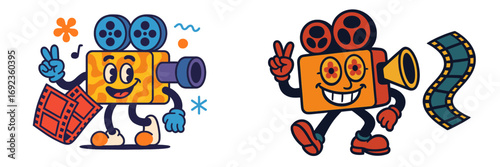 Set of groovy vintage movie camera mascots with smiling faces making peace signs and holding film strips isolated on white