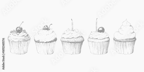 Set of cupcakes. Rough ink spot with sand grain texture, scratch lines and threshold outline. Gritty surface with soft paper stains and speckle.