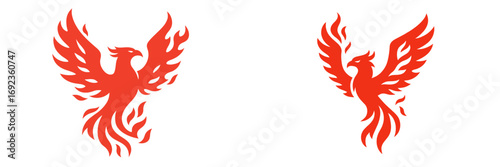 Stylized red phoenix bird icon set with flaming wings, a mythical creature symbol for power and rebirth, isolated on a white background
