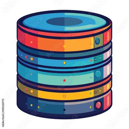 Stylized illustration of a multi layered database server icon representing data storage and technology.
