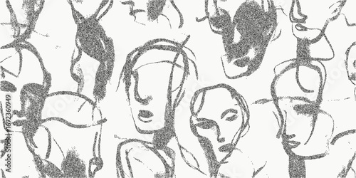Crayon silhouettes of faces. Simple shape with rough grain dusty halftone texture and smudged ink noise. Aged threshold edges and stipple marks across the surface.