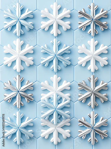 This is a fresh and modern take on classic winter themes. The collection features sophisticated 3D snowflake and geometric patterns in a clean palette of white, blue, and metallic silver, perfect for 