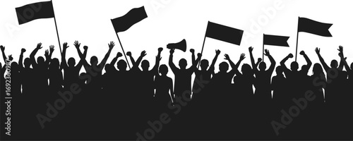 Crowd of protesting people with banners and flags, political demonstration silhouette vector for activism, revolution, rally or public awareness design.