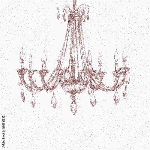 Elegant vintage chandelier. Distressed graphic with noisy threshold edges, faded paper grain, and ink specks. Stipple effects and rough surface details.
