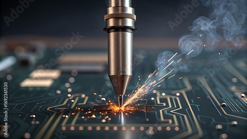 Soldering iron repairs circuit board precisely. Ideal for technology, engineering, repair services, electronics concepts in design projects, presentations, and educational materials.