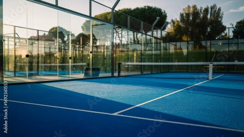 Wallpaper Mural Blue padel court with net and glass walls outdoors Torontodigital.ca
