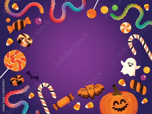 Cute halloween purple background with candies and sweets frame vector illustration. Halloween candy, sweets, lollipops, gummy jelly worms border with space for text
