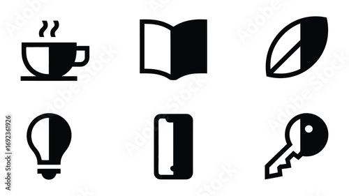 Abstract monochrome icons: coffee, book, leaf, lightbulb, phone, key;  minimalist, bold, graphic design elements for website or app.