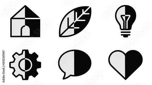 Abstract grayscale icons: home, leaf, lightbulb, gear, speech bubble, heart;  representing duality, balance, and contrasting concepts; minimalist design.