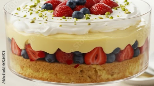 Fruit Trifle Displayed in Glass Bowl with Berries, Cream and Pistachios
