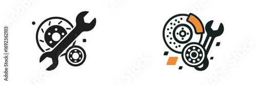 Automotive brake repair service with wrench and disc brake for car maintenance and vehicle parts replacement