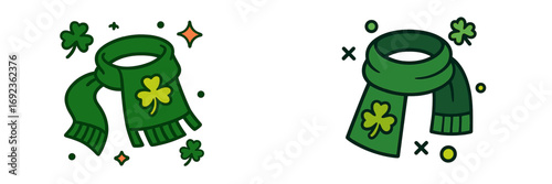 Two green winter scarves with lucky shamrock clover symbols for the St. Patrick's Day holiday celebration
