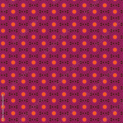 A repeating geometric pattern of small, bright orange dots set against a deep magenta background. The pattern is uniform and symmetrical.