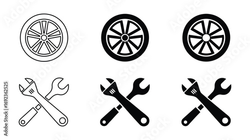 Automotive Repair Icons:  Wheel and Wrench Set in Line Art and Solid Black Styles,  Versatile for Website or App Design.