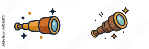 Vintage telescope and spyglass icon set with thick outlines for nautical, exploration, and discovery concepts