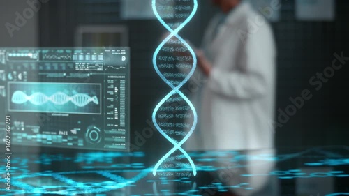 Visualization of biochemistry dna helix over screen with female scientist in the background
