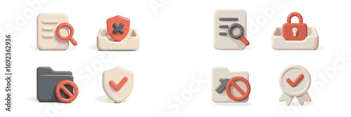 Modern icon set for data security and file management with symbols for document search, folder access, verification, and access restriction