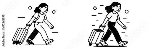 Sad woman walking with a suitcase and backpack, black and white line art icon set showing a person leaving or traveling