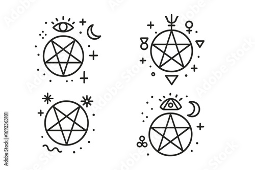 Set of four esoteric pentagram symbols with occult icons like the all-seeing eye and crescent moon in a minimalist line art style