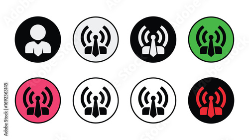 Professional Businessperson Wireless Network Connection Icons:  Multiple Color Options, Flat Design, Modern Style, Communication Technology Concept.