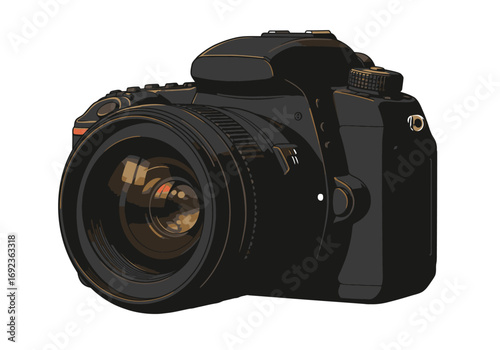Vector illustration of a modern digital single-lens reflex camera isolated on a white background. Professional photography equipment graphic art design