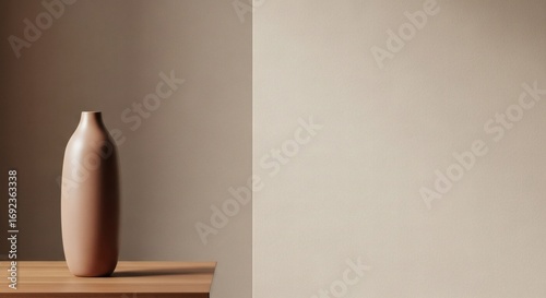 A sleek, light brown ceramic vase stands elegantly on a wooden surface against a warm, two-tone beige wall.